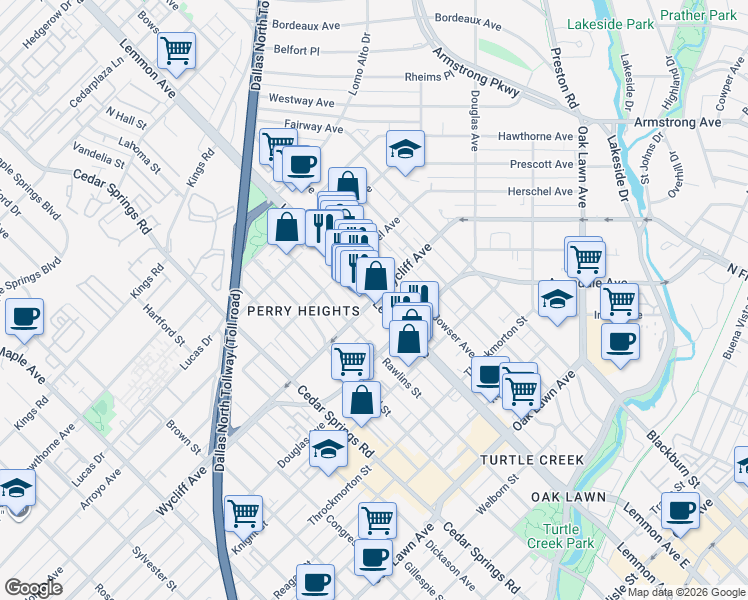 map of restaurants, bars, coffee shops, grocery stores, and more near Lemmon Ave & Wycliff Ave in Dallas