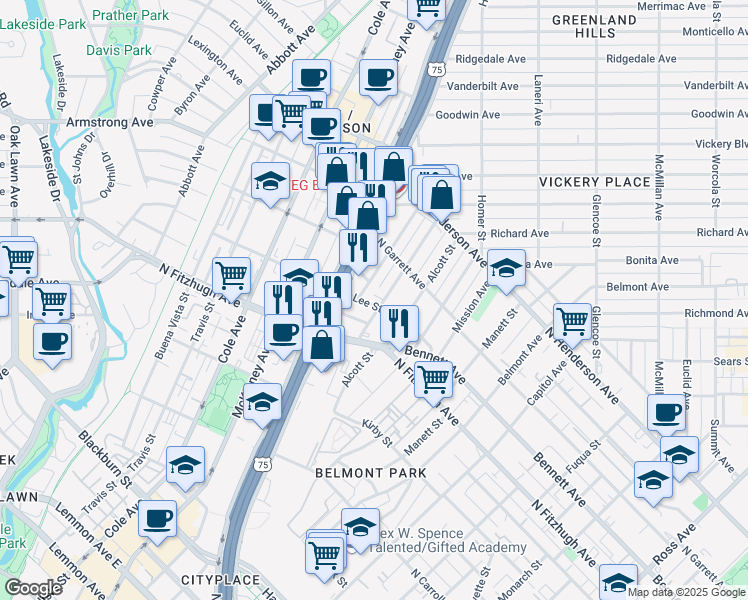 map of restaurants, bars, coffee shops, grocery stores, and more near 2856 Lee Street in Dallas