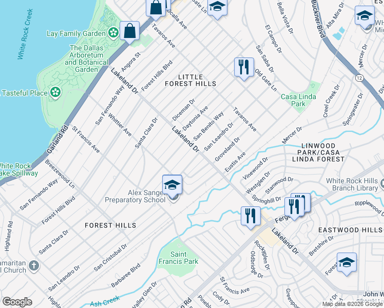 map of restaurants, bars, coffee shops, grocery stores, and more near 8555 San Leandro Drive in Dallas