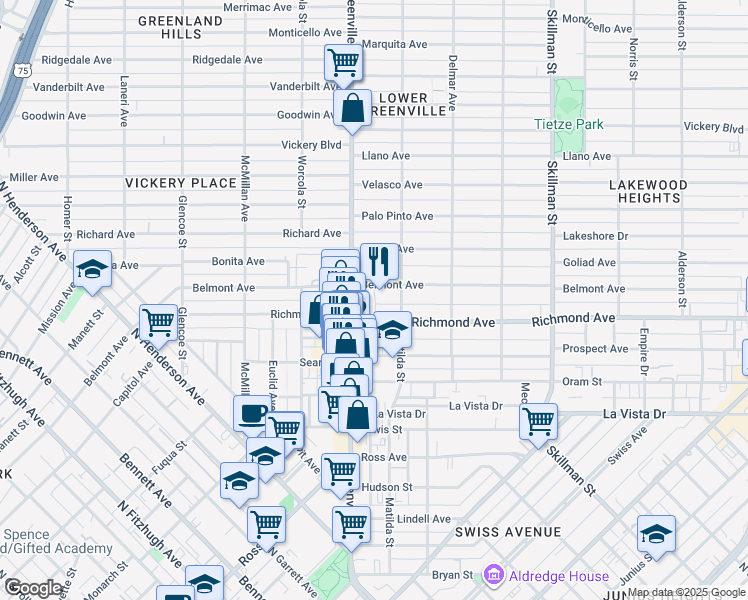 map of restaurants, bars, coffee shops, grocery stores, and more near 2222 Greenville Avenue in Dallas