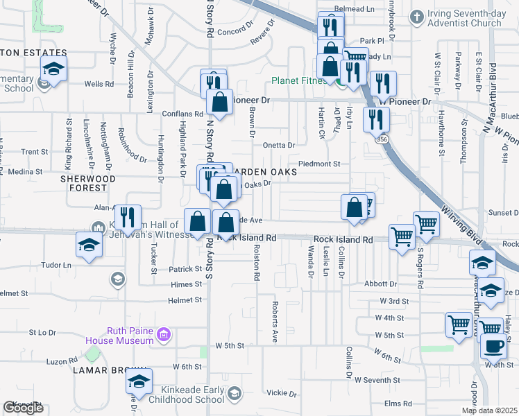 map of restaurants, bars, coffee shops, grocery stores, and more near 340 Brown Drive in Irving