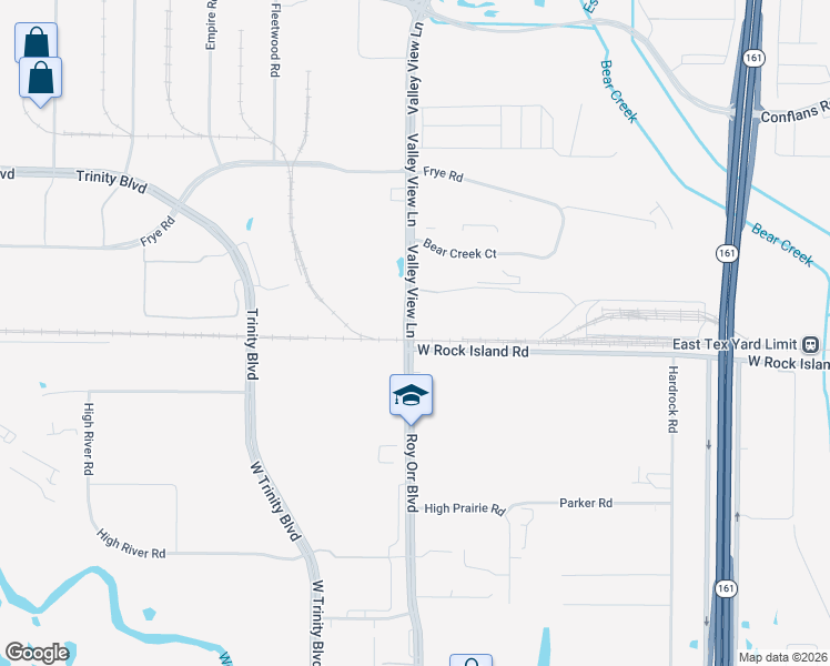 map of restaurants, bars, coffee shops, grocery stores, and more near 9001 West Rock Island Road in Irving