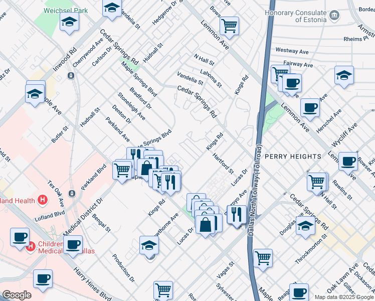 map of restaurants, bars, coffee shops, grocery stores, and more near 4806 Bradford Drive in Dallas