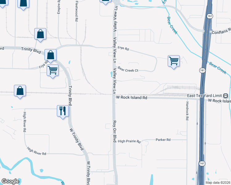 map of restaurants, bars, coffee shops, grocery stores, and more near 9001 West Rock Island Road in Irving