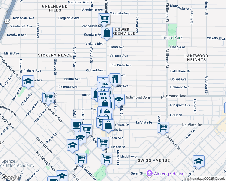 map of restaurants, bars, coffee shops, grocery stores, and more near 2222 Greenville Avenue in Dallas