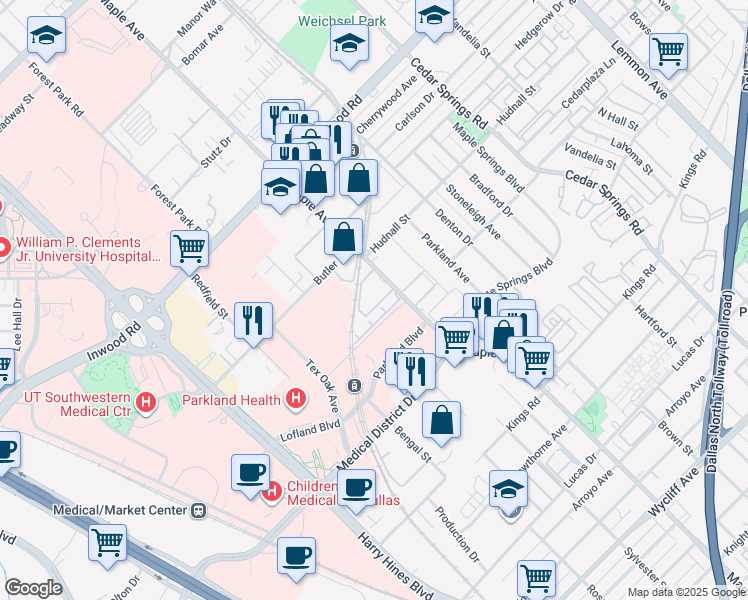 map of restaurants, bars, coffee shops, grocery stores, and more near 5225 Maple Avenue in Dallas