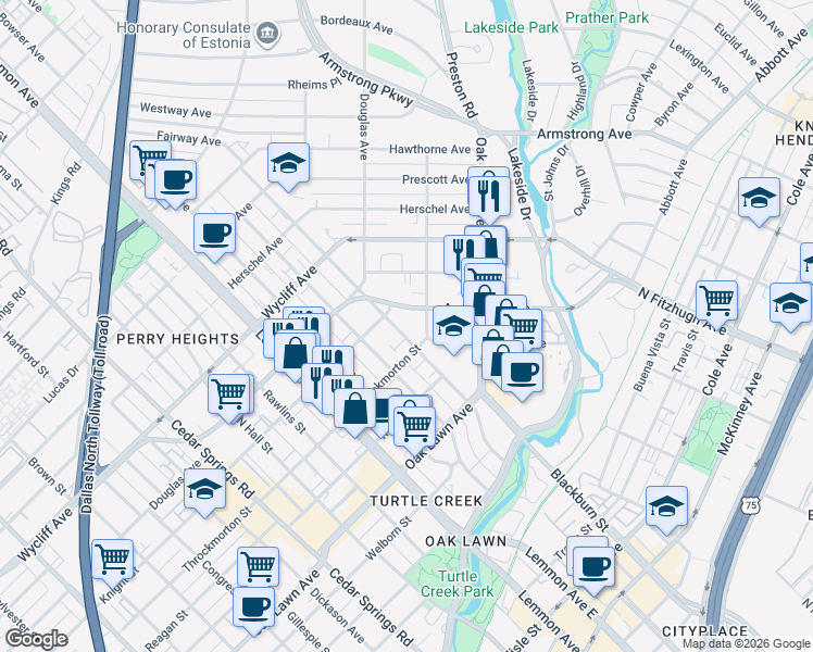 map of restaurants, bars, coffee shops, grocery stores, and more near 4020 Gilbert Avenue in Dallas