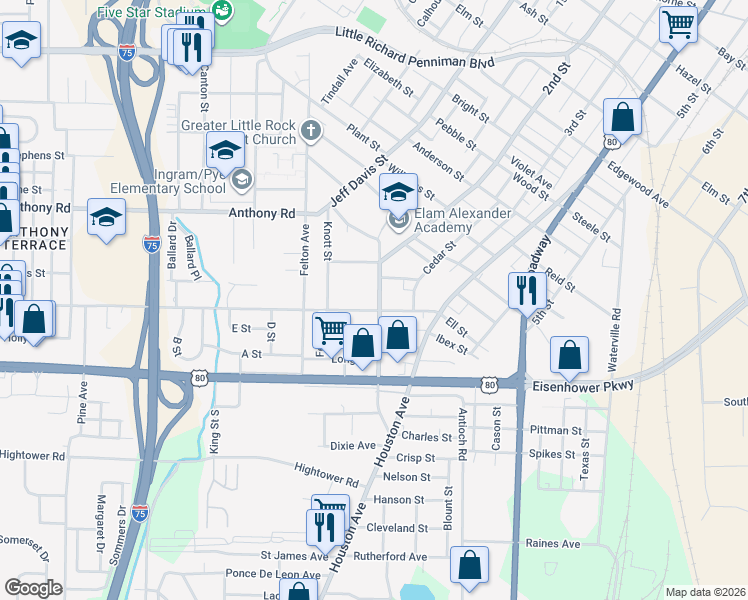 map of restaurants, bars, coffee shops, grocery stores, and more near 2376 2nd Street in Macon