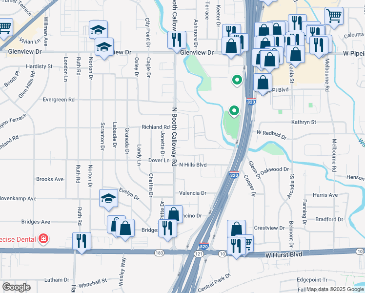 map of restaurants, bars, coffee shops, grocery stores, and more near 3610 Booth Calloway Rd in Hurst