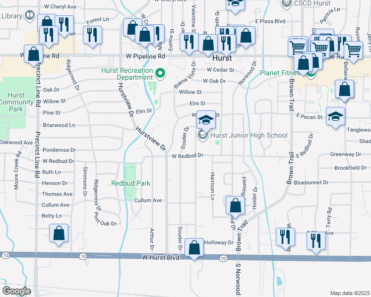 map of restaurants, bars, coffee shops, grocery stores, and more near 508 Souder Drive in Hurst