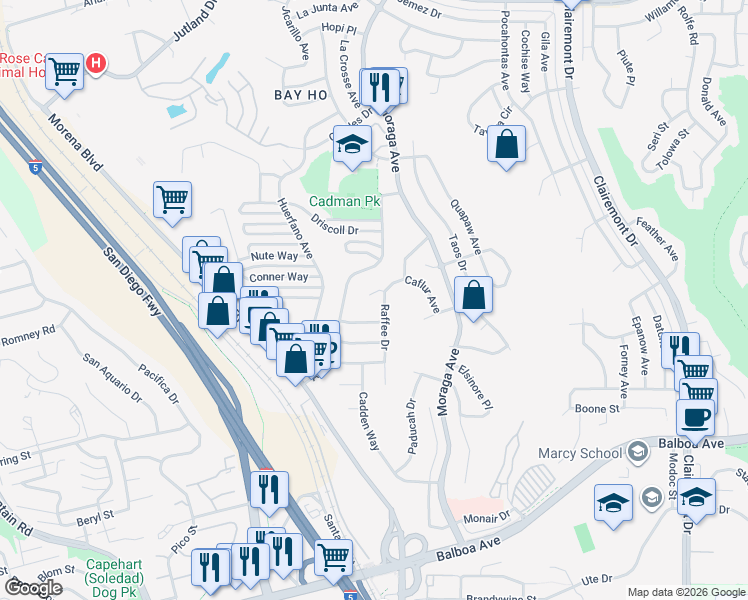map of restaurants, bars, coffee shops, grocery stores, and more near 3251 Atari Court in San Diego