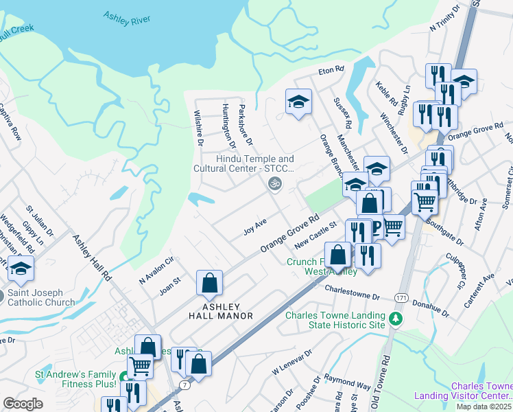 map of restaurants, bars, coffee shops, grocery stores, and more near 1417 River Front Drive in Charleston