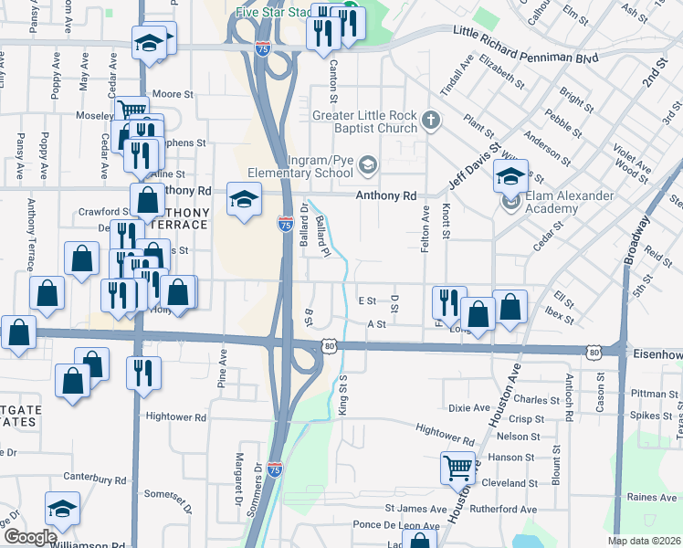 map of restaurants, bars, coffee shops, grocery stores, and more near 917 Ell Street in Macon