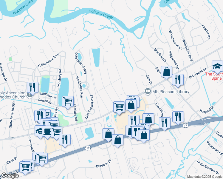 map of restaurants, bars, coffee shops, grocery stores, and more near 709 Kent Street in Mount Pleasant