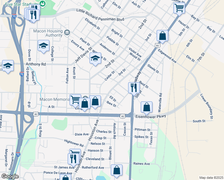map of restaurants, bars, coffee shops, grocery stores, and more near 600 Whitehead Street in Macon