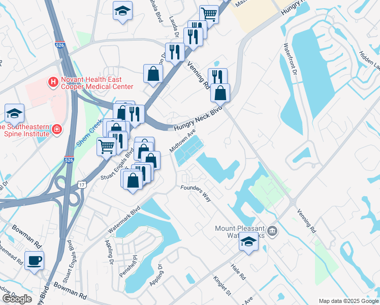 map of restaurants, bars, coffee shops, grocery stores, and more near 1610 Florentia Street in Mount Pleasant