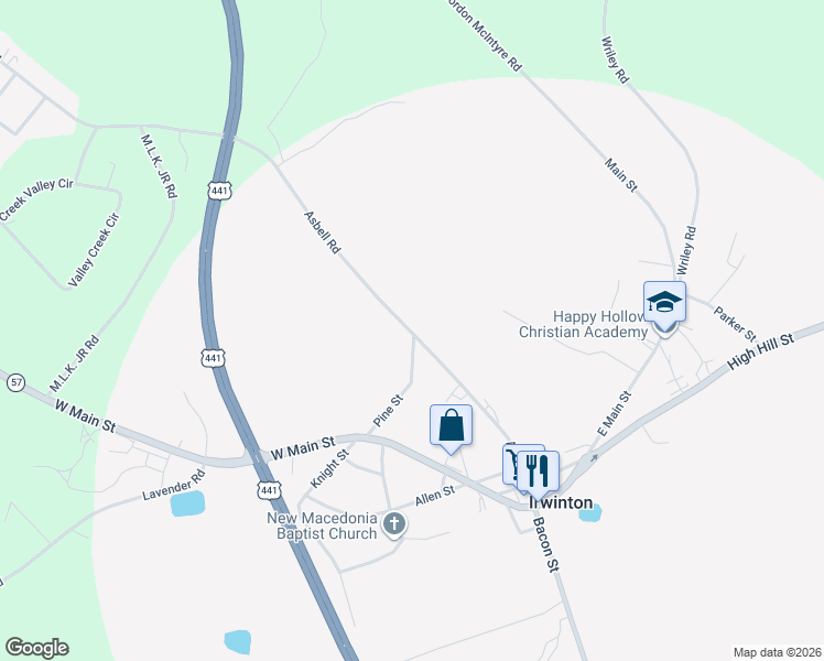 map of restaurants, bars, coffee shops, grocery stores, and more near 151 Asbell Street in Irwinton