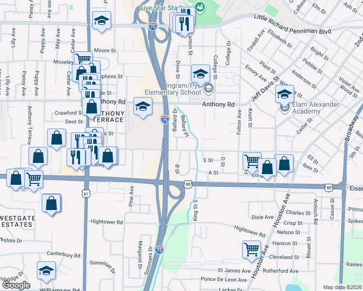 map of restaurants, bars, coffee shops, grocery stores, and more near 981 Ell Street in Macon
