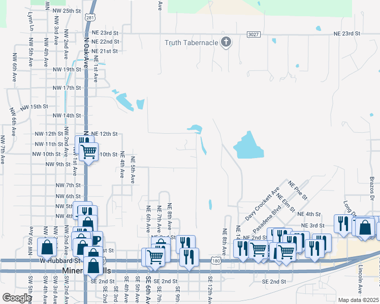 map of restaurants, bars, coffee shops, grocery stores, and more near 1010 Northeast 10th Street in Mineral Wells