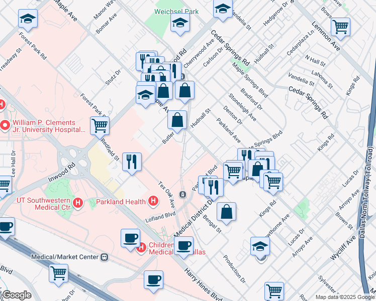map of restaurants, bars, coffee shops, grocery stores, and more near 5225 Maple Avenue in Dallas