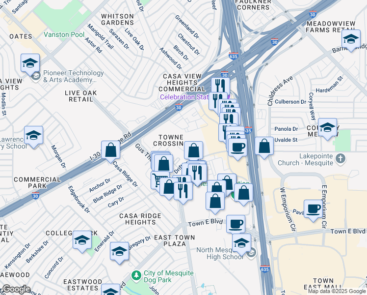 map of restaurants, bars, coffee shops, grocery stores, and more near 3756 Gus Thomasson Road in Mesquite