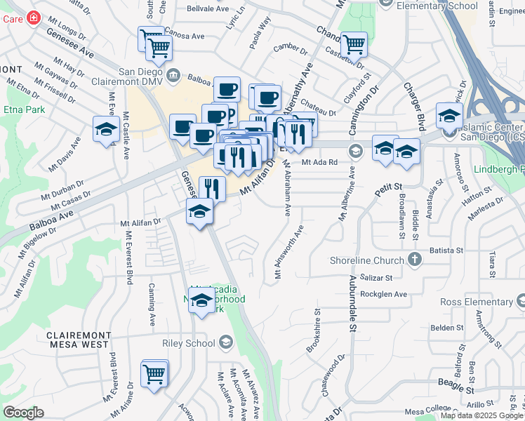 map of restaurants, bars, coffee shops, grocery stores, and more near 3882 Caminito Aguilar in San Diego