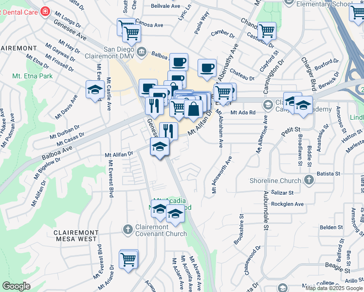 map of restaurants, bars, coffee shops, grocery stores, and more near 4113 Mount Alifan Drive in San Diego