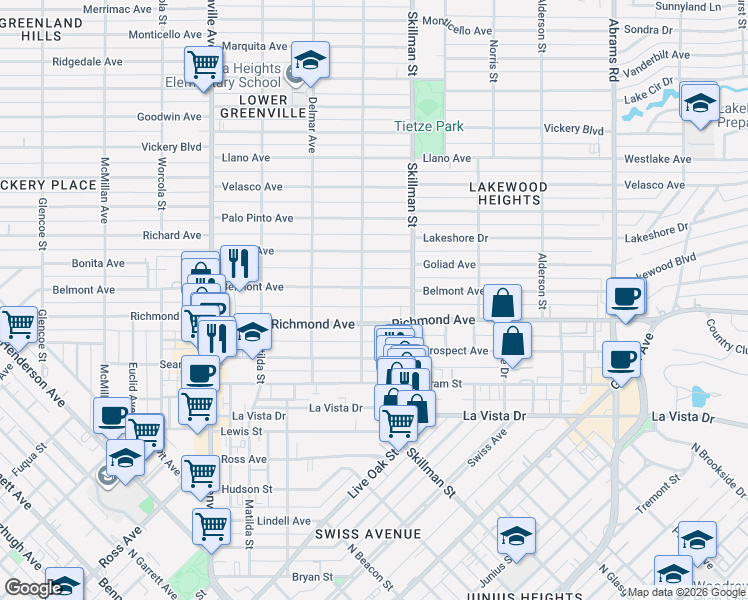 map of restaurants, bars, coffee shops, grocery stores, and more near 6002 Belmont Avenue in Dallas