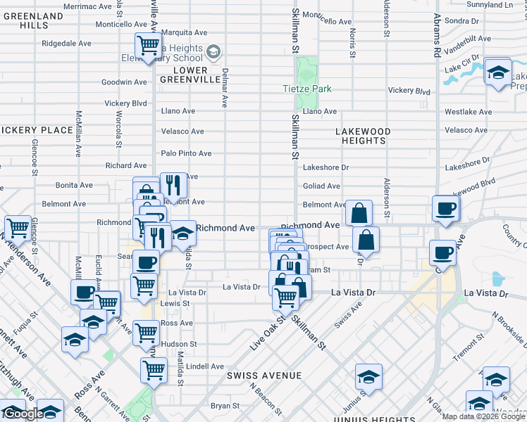 map of restaurants, bars, coffee shops, grocery stores, and more near 6002 Belmont Avenue in Dallas