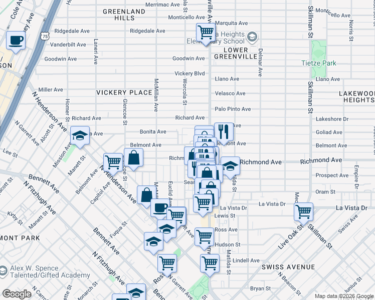 map of restaurants, bars, coffee shops, grocery stores, and more near 5552 Belmont Avenue in Dallas