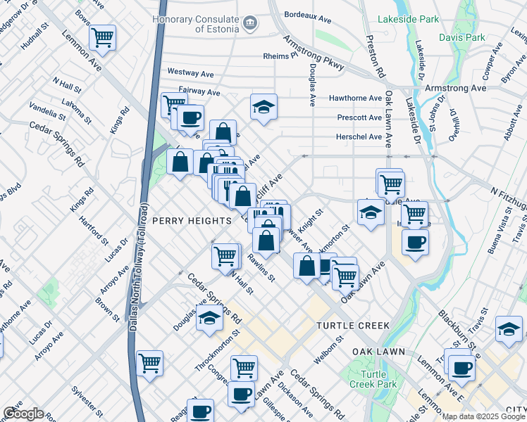 map of restaurants, bars, coffee shops, grocery stores, and more near 4223 Bowser Avenue in Dallas