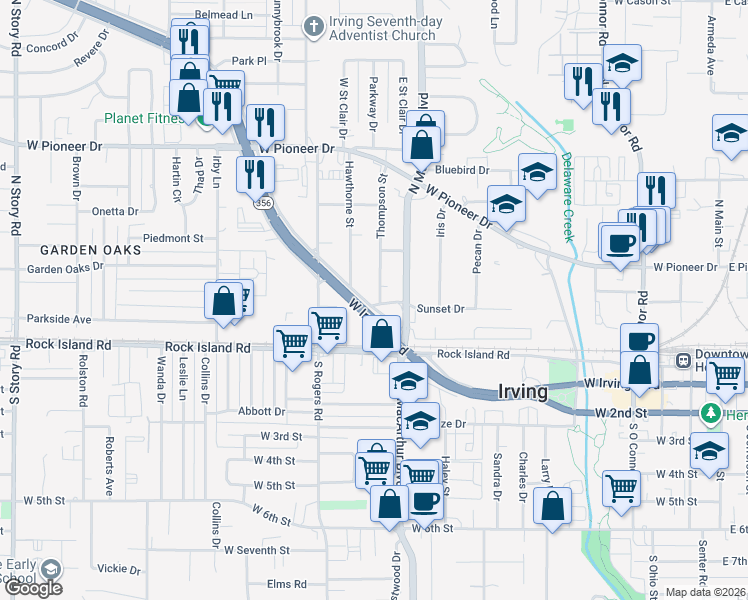 map of restaurants, bars, coffee shops, grocery stores, and more near 1311 West Irving Boulevard in Irving