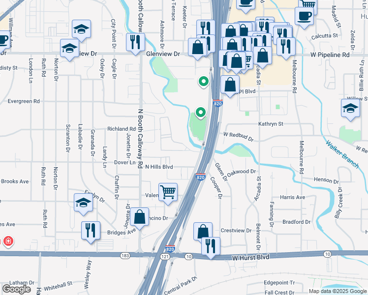 map of restaurants, bars, coffee shops, grocery stores, and more near 575 Northeast Loop 820 in Hurst