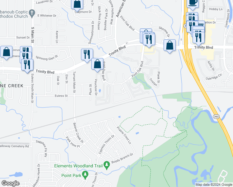 map of restaurants, bars, coffee shops, grocery stores, and more near 13701 Gazebo Lane in Euless