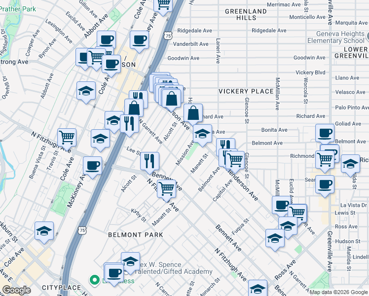 map of restaurants, bars, coffee shops, grocery stores, and more near 5129 Mission Avenue in Dallas