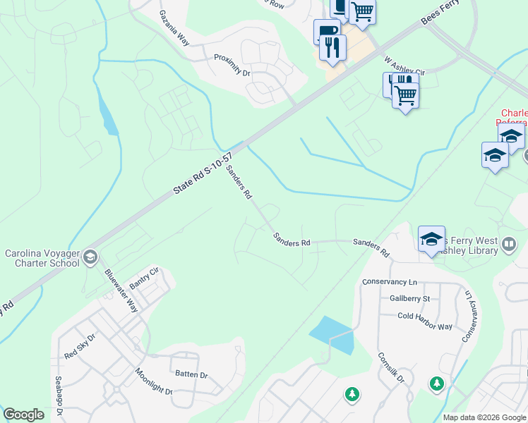 map of restaurants, bars, coffee shops, grocery stores, and more near 3190 Sanders Road in Charleston