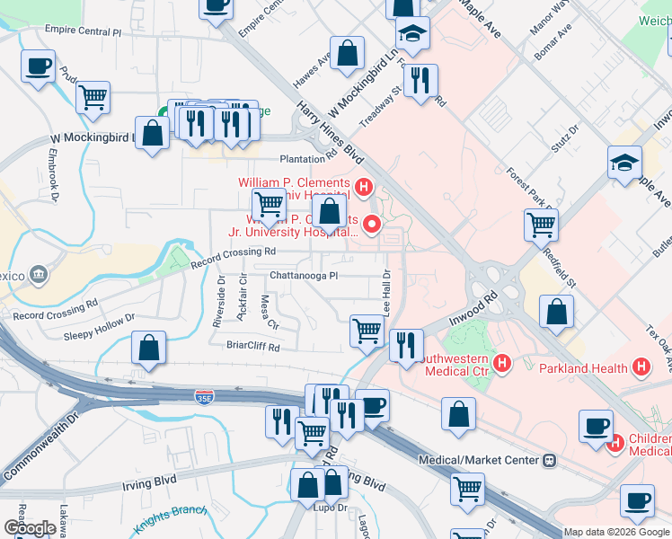 map of restaurants, bars, coffee shops, grocery stores, and more near 1835 Chattanooga Place in Dallas