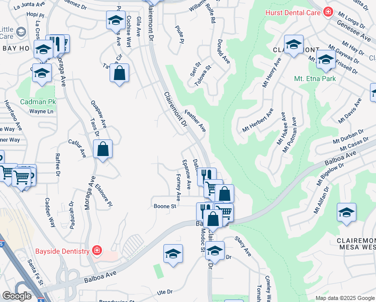 map of restaurants, bars, coffee shops, grocery stores, and more near 4190 Datcho Drive in San Diego