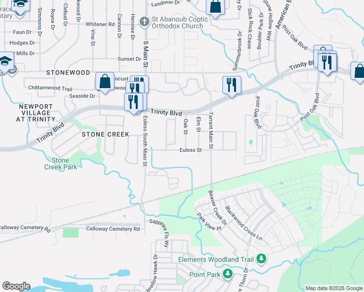 map of restaurants, bars, coffee shops, grocery stores, and more near 3708 Oak Street in Euless