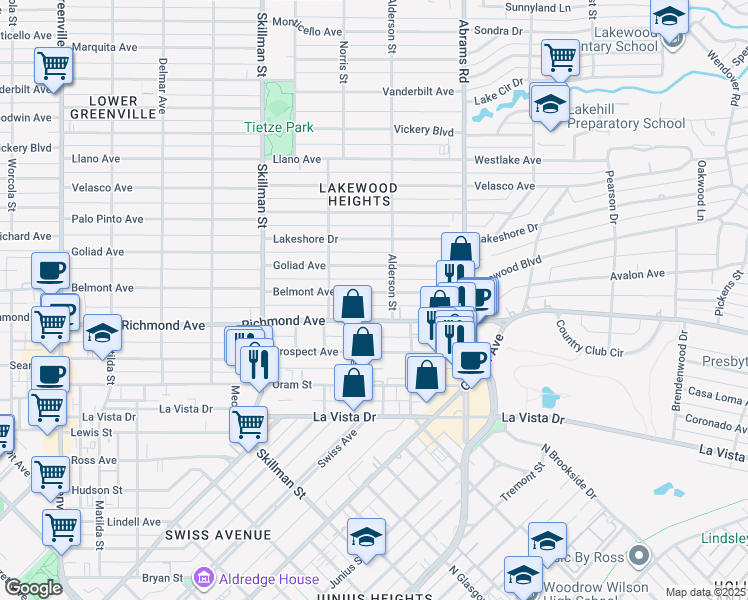 map of restaurants, bars, coffee shops, grocery stores, and more near 6244 Belmont Avenue in Dallas
