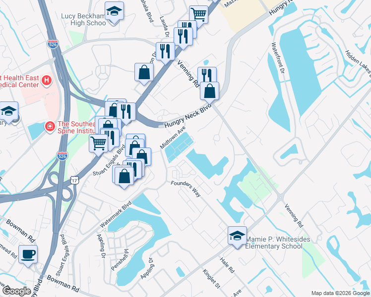 map of restaurants, bars, coffee shops, grocery stores, and more near 1610 Florentia Street in Mount Pleasant