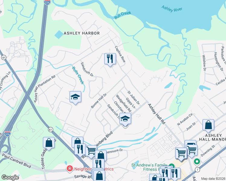 map of restaurants, bars, coffee shops, grocery stores, and more near 1625 Boone Hall Drive in Charleston