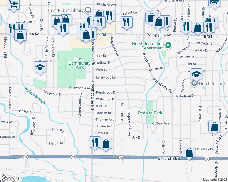 map of restaurants, bars, coffee shops, grocery stores, and more near 728 Ponderosa Drive in Hurst