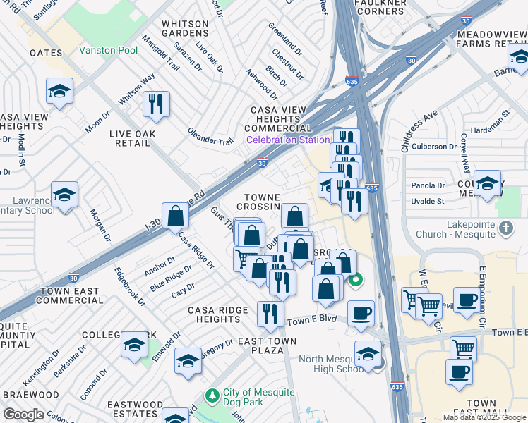 map of restaurants, bars, coffee shops, grocery stores, and more near 3740 Gus Thomasson Road in Mesquite