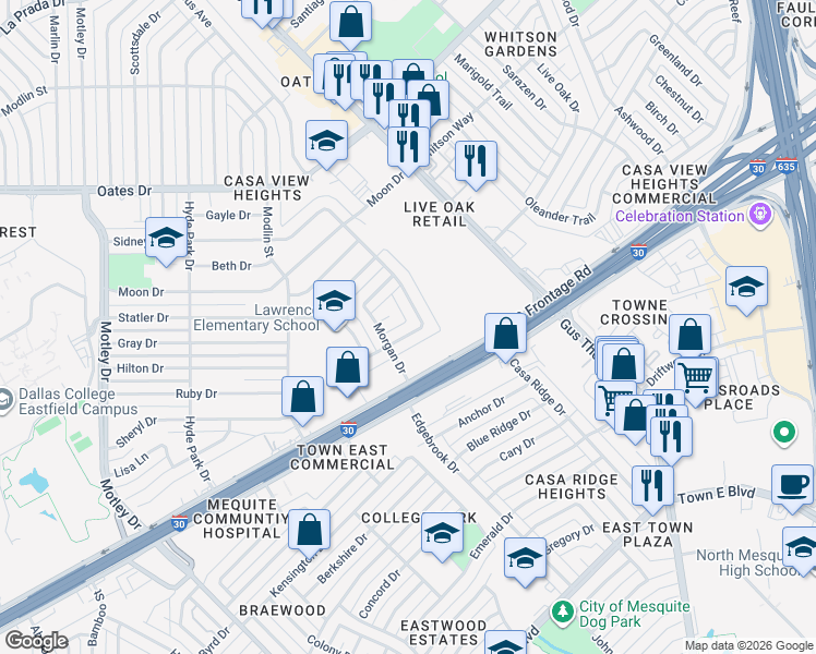 map of restaurants, bars, coffee shops, grocery stores, and more near 3219 Rockne Lane in Mesquite