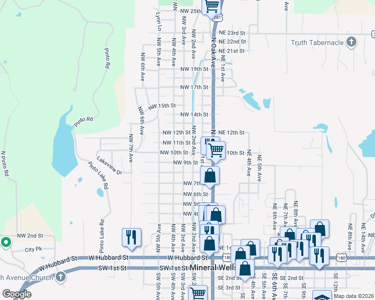 map of restaurants, bars, coffee shops, grocery stores, and more near 316 Northwest 10th Street in Mineral Wells