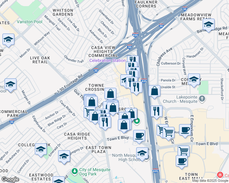 map of restaurants, bars, coffee shops, grocery stores, and more near 2333 Driftwood Drive in Mesquite