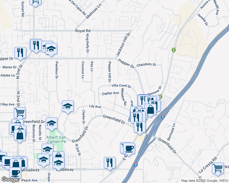 map of restaurants, bars, coffee shops, grocery stores, and more near 1612 Zephyr Avenue in El Cajon