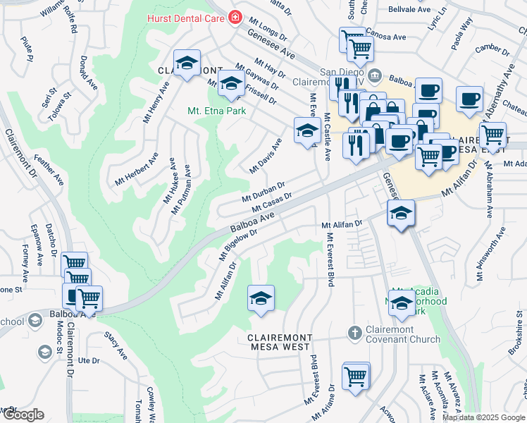 map of restaurants, bars, coffee shops, grocery stores, and more near 4873 Mount Casas Drive in San Diego