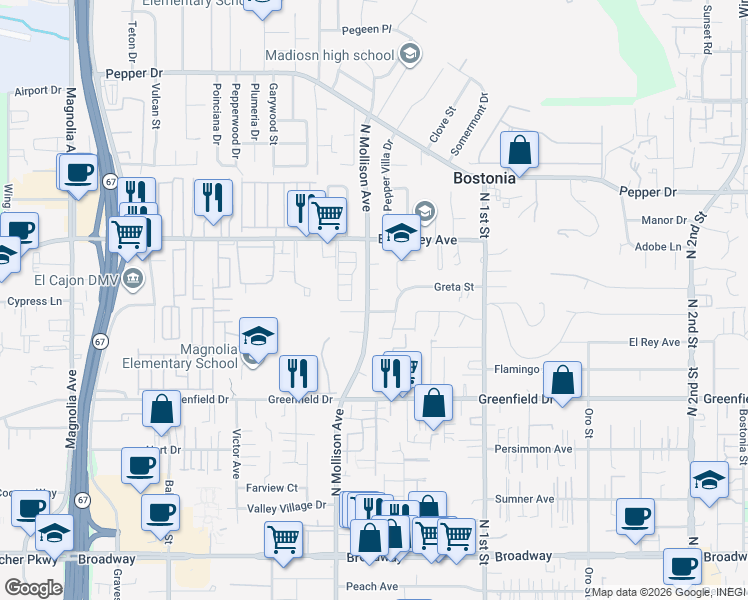 map of restaurants, bars, coffee shops, grocery stores, and more near 953 Wilfred Street in El Cajon